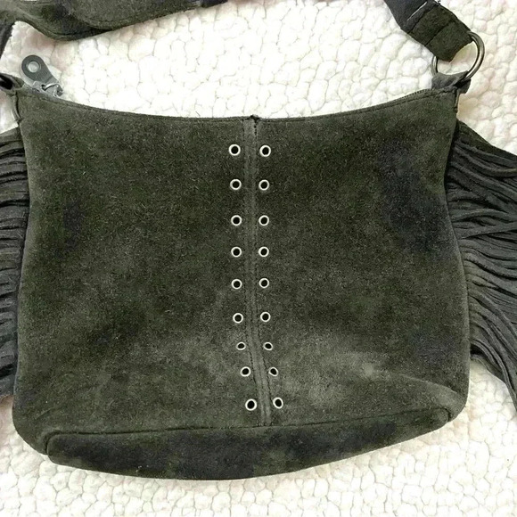 Minnetonka Dark Gray Boho Soft Suede W/ Fringe Adjustable Strap Crossbody Bag - Picture 2 of 15